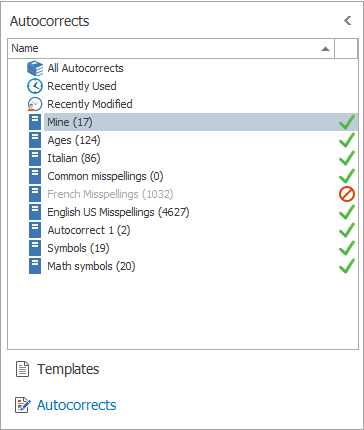 The Autocorrects glossaries view