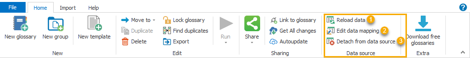 When a glossary is connected to a data source, new items are displayed on the ribbon.