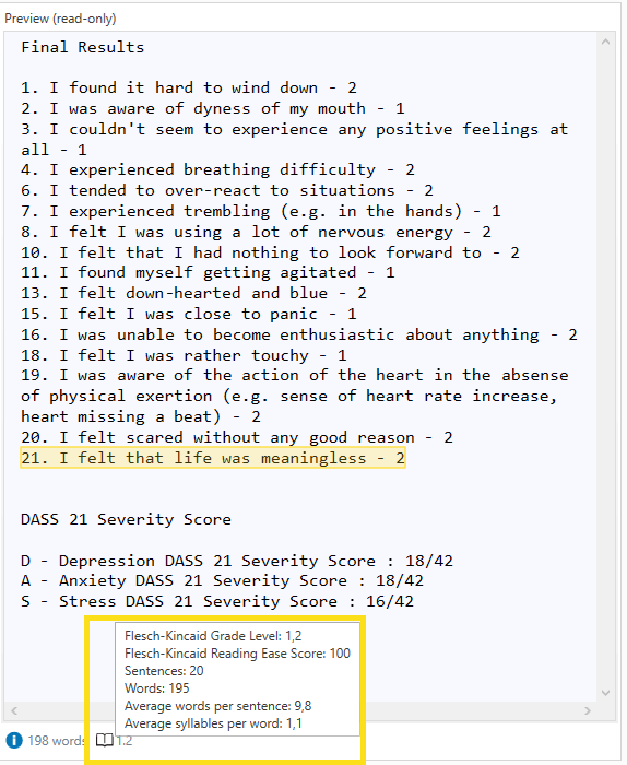 PhraseExpander displays the Flesch-Kincaid Grade level below the generated text